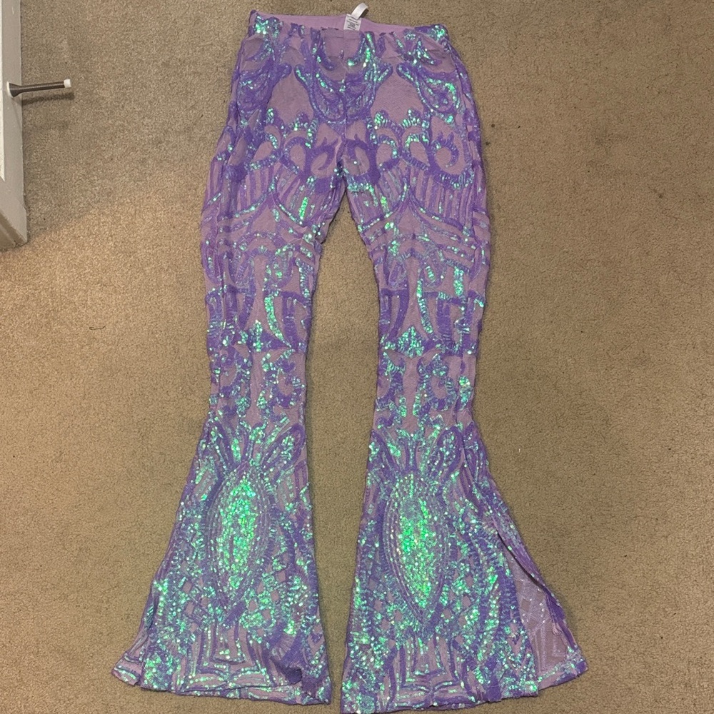 Lucy in the Sky Purple and Green Sequin Flare Pants
